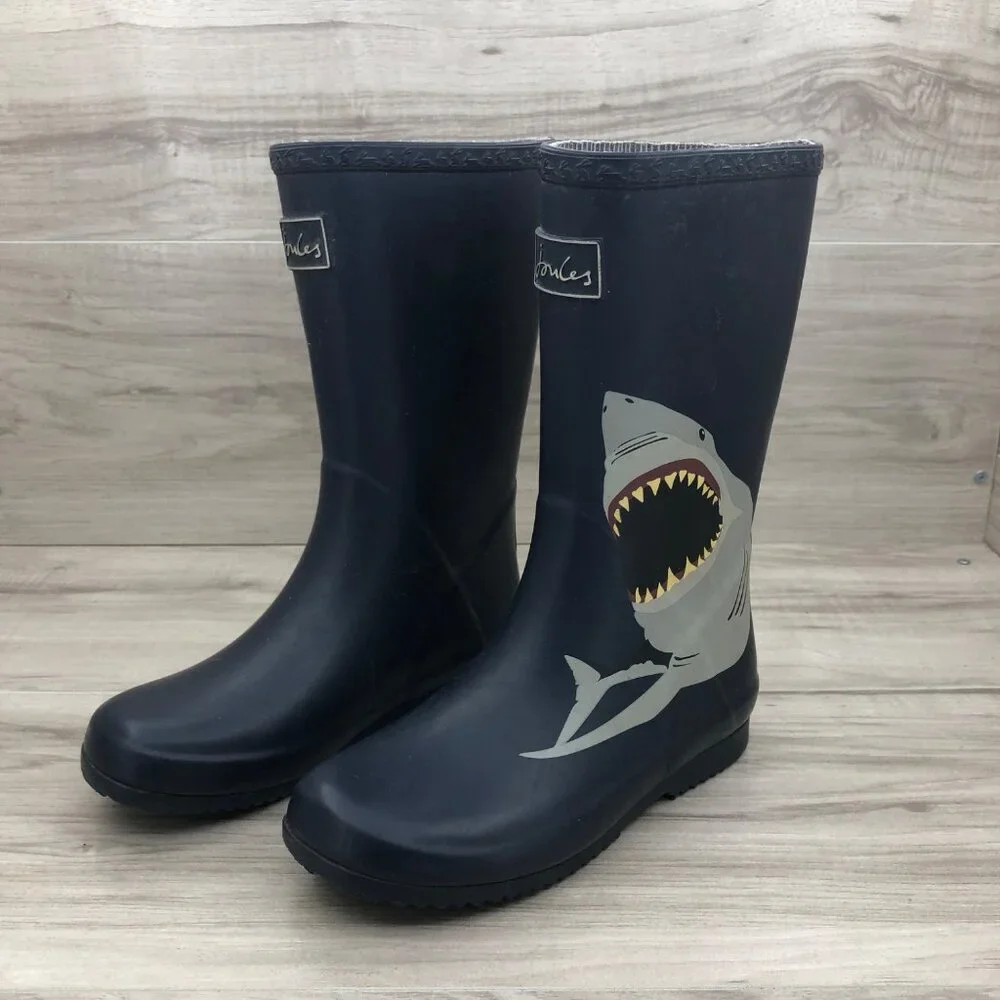 Joules Rain Boots Kids 2 Blue Rubber Slip On Shark Waterproof